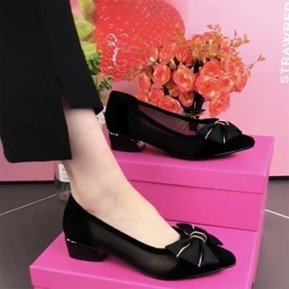 現貨 新品熱賣 女生時尚氣質尖頭粗跟鞋 【輕便不累腳】正品網紗春夏尖頭粗跟女單鞋透氣大尺碼淺口低跟上班工作女鞋媽媽鞋