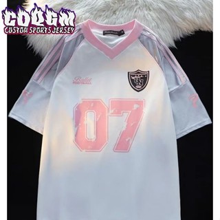 【球衣定製名稱】Coquette Oversized Style 肩貼短袖T恤女夏季銀色上半袖粉色情侶V領運動衫