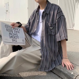 新品 現貨 【店鋪熱銷】日系ins條紋短袖襯衫男痞帥高階感寬鬆五分袖冰絲襯衫外套男裝夏