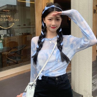 現貨 新品熱賣 女生泫雅風網紗透視防曬上衣 夏季圓領泫雅扎染冰絲打底衫女薄款防曬罩衫內搭網紗T恤長袖上衣