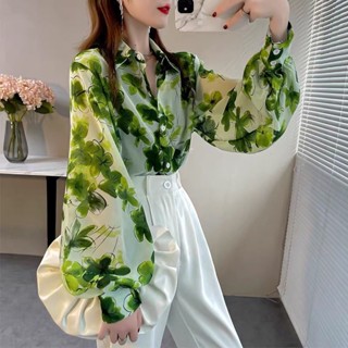 現貨 新品熱賣 女生印花翻領襯衫長袖 【9157人收藏】印花襯衫女長袖寬鬆翻領氣質上衣2023年春秋新款韓版燈籠袖襯衫女