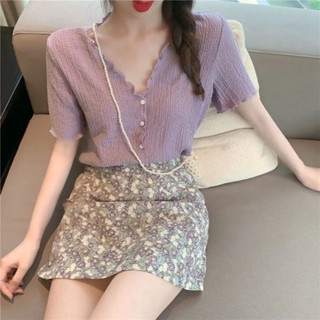 【7301人收藏】兩件套套裝v領紫色上衣女夏季新款褶皺洋氣花邊短袖雪紡衫半身裙 （Your war dr obe