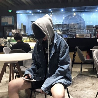 ♥免運♥ 日系復古連帽牛仔外套男 簡約休閒寬鬆牛仔外套 寬鬆連帽牛仔外套 高街夾克外套夾克上衣 學院風百搭牛仔連帽外衣