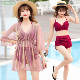 泳衣兩件式 大碼泳衣女 胖mm100.0kg性感大胸比基尼三件套分體裙式遮肚顯瘦溫泉 分體泳裝 大尺碼泳衣 短袖泳衣套裝