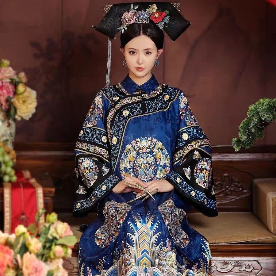 清朝皇太后服裝 皇后吉服 清代女宮廷故宮寫真印花中國古著氅衣旗裝