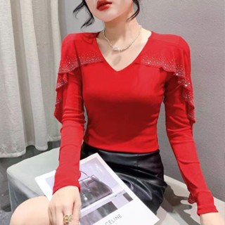 換季上新 性感領網T恤 長袖 春裝 新款鏤空氣質舞蹈荷葉上衣 緊身網紗顯瘦打底