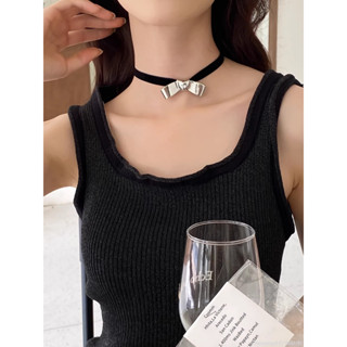 項鏈丨 韓國時尚氣質春夏黑色絲絨緞帶銀色蝴蝶結領結項鍊女choker頸鍊