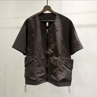 現貨】夏季日系短袖休閒工裝襯衫男士大尺碼潮牌素色shirt 高品質寬鬆五分袖工作服 百搭抖音薄款黑色拉鍊胖子男生短袖上衣