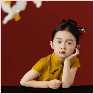 【臺灣出貨】 【店鋪熱銷】2024新提花兒童旗袍透氣舒適生日禮服夏季連衣裙純色氣質女孩旗袍