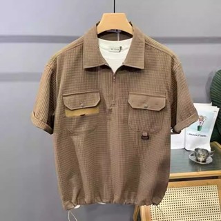 現貨】美式工裝短袖襯衫男士夏季潮流寬鬆抽繩半拉鍊翻領t恤 透氣速乾五分袖工作服shirt 高品質落肩男生短袖上衣