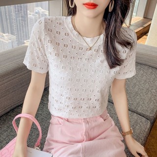 法式小香風女士短袖T恤 夏季新款時尚顯瘦圓領小眾上衣氣質百搭短袖t恤蕾絲衫女