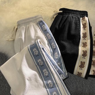 小熊燈芯絨褲子女秋冬加絨加厚學生直筒寬鬆百搭休閒褲ins運動潮