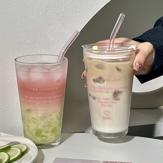 冷水杯 吸管水杯 早餐杯子 大容量咖啡杯 玻璃杯帶蓋 水杯 吸管杯子 隨行杯 吸管玻璃杯 環保杯 英文玻璃杯