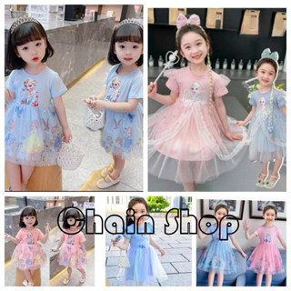 【ChainBaby】 女童夏季棉質冰雪奇緣愛莎公主網紗連身裙短袖蓬蓬公主裙兒童洋裝裙子童裝