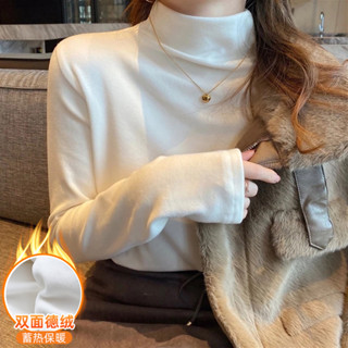 💕甜心大尺碼💕大尺碼半高領德絨打底衫女春秋季2024新款內搭長袖T恤洋氣修身白色上衣