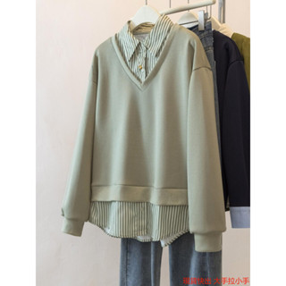 肥哥胖妹 1.0-150.0kg抹茶綠條紋polo領假兩件衛衣女秋冬別緻正肩長袖拼接上衣 大尺碼 設計款 慵懶風