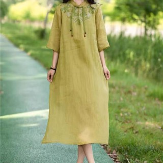 棉麻洋裝 寬鬆復古民族風夏季新款中國風刺繡中長裙