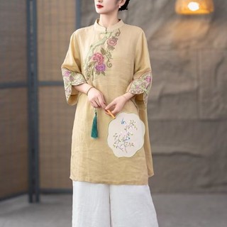復古民國風純棉麻刺繡襯衫女裝春夏季中長款立領上衣寬鬆禪意茶服