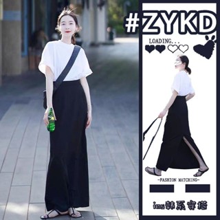 新品 現貨 【5260人收藏】韓劇御姐範套裝女2024年夏季新款白色t恤上衣開叉半身裙兩件套