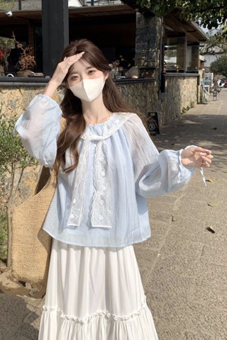 女生衣著 小清新燈籠長袖襯衫夏季新款寬鬆抽繩溫柔風減齡防曬襯衫女裝 韓版上衣