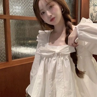 【2025上衣女優惠】 荷葉邊方領長袖襯衫女秋季新款皺褶寬鬆顯瘦別緻上衣服娃娃衫