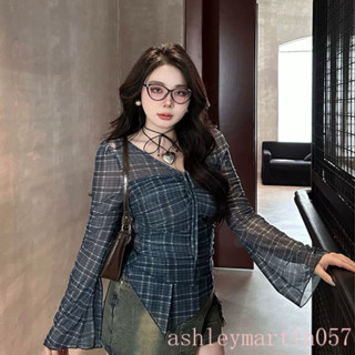 【熱銷】 微胖女生穿搭 大碼女裝 不規則 防曬 格紋V領長袖襯衫女 修身 顯瘦 上衣女 百搭 復古 通勤 純欲風 辣妹裝