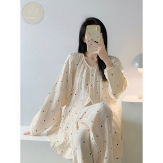 $免運$ 【晚安ONE-77】韓版睡衣 波點睡衣 睡衣女 圓領睡衣 長袖睡衣 睡衣套裝 居家服 兩件式睡衣 長褲睡衣