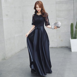 黑色/香檳色小禮服女長版氣質名媛宴會優雅顯瘦晚禮服 蕾絲緞面拼接連衣裙 婚禮洋裝伴娘禮服尾牙春酒喜宴年會禮服 kissg