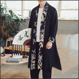 現貨速發 中國風中長款小外套男 春秋季中國風男裝印花民族拼接中長款大尺碼風衣披風男古風道袍漢服