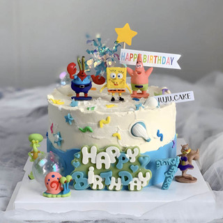 ♞海綿寶寶派大星蛋糕裝飾擺件花枝哥卡通創意兒童週歲生日插牌外掛