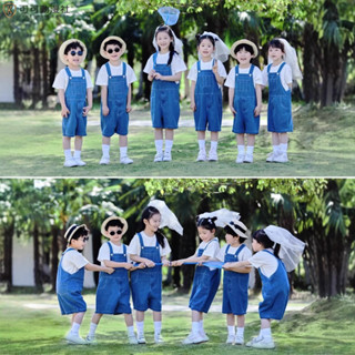 熱賣 男女童牛仔兒童背帶短褲套裝 夏季幼兒園田園畢業季照服裝 表演出服 夏季園服 兒童班服 學院風套裝 表演服 學生制服