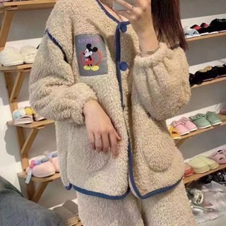 ♞迪士尼可愛米奇珊瑚絨睡衣女秋冬季家居服保暖羊羔法蘭絨套裝