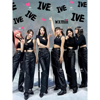 新款 韓國女團 爵士舞服 iam同款ive韓國女團打歌服舞臺表演表演服爵士舞黑色皮褲套裝露肚