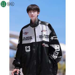 臺灣現貨韓版外套 23號街區 秋季 美式拼色機車服 皮衣 外套 男裝 潮 春秋款 百搭寬鬆帥氣夾克 休閒百搭外套