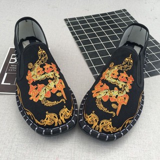 現貨 新品熱賣 男生新款民族風刺繡布鞋 老北京刺繡社會人夏季新款帆布鞋男一腳蹬套腳韓版潮懶人布鞋男女