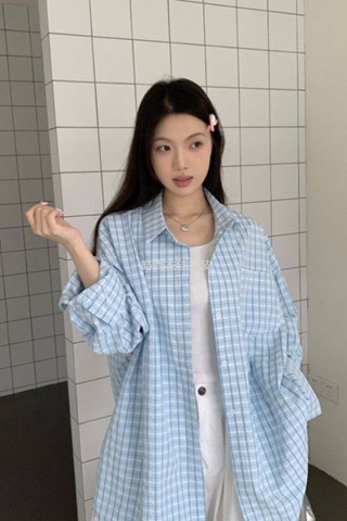 春秋新款襯衫 女生上衣 春季藍色格子防曬襯衫襯衫慵懶長袖寬鬆休閒上衣外套
