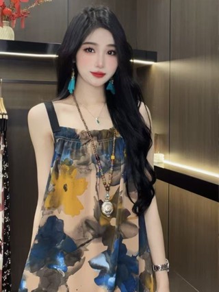現貨 新品熱賣 時尚復古印花吊帶裙 【店鋪熱銷】新中式睡裙洋氣宮廷風氣質中長款碎花印花寬鬆吊帶無袖睡裙洋裝