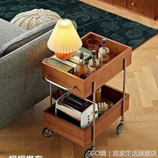 美容工具車 木質推車 置物推車 三層推車置物架 客廳沙發收納櫃實木推車家用多層零食床頭置物架可移動中古風邊幾