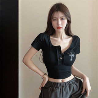 韓國女團 kpop 打歌服 音樂節穿搭kpop甜辣妹爵士舞短版上衣jazz跳舞方領性感短袖T恤女