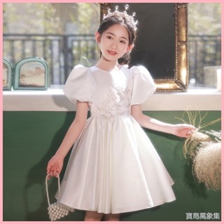 【寶島萬象集】現貨＋預購 女童緞面生日公主裙花童小女孩白色兒童主持人鋼琴演奏晚禮服