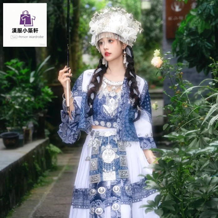 漢服小築軒！ 苗族少女 少數民族服裝 苗疆蠟染少女套裝 旅拍攝影寫真 抹胸少數民族舞台服飾 表演服