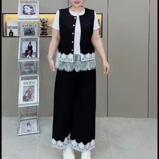 【夏季遮肉顯瘦】大碼女裝 兩件套 套裝 蕾絲花邊 馬甲套裝 半袖 寬鬆 洋氣 夏天套裝女裝 大尺碼女裝套裝 女裝 女裝套