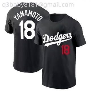 洛杉磯道奇隊18號# Yamamoto 山本由伸 棒球聯盟 Dodgers mlb 短T韓版寬鬆圓領上衣簡約寬鬆上衣