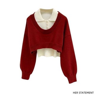 🧶針織毛衣🧶 學院風Polo領毛衣女秋冬針織衫短款上衣疊穿吊帶背心兩件套百搭