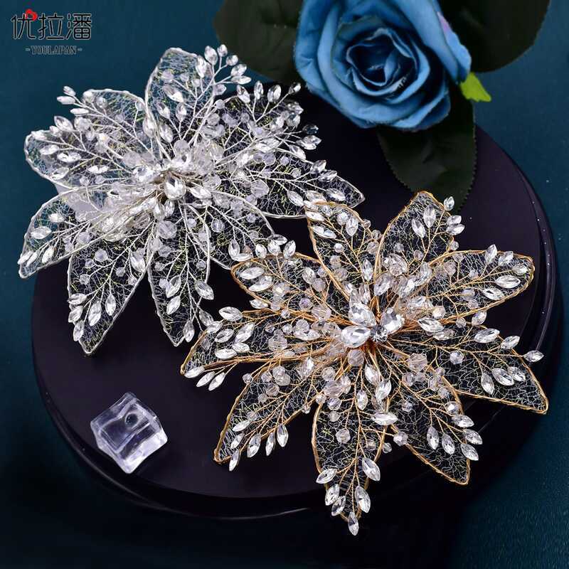 優拉潘 HP217滿鑽髮飾鏤空樹葉新娘頭飾手工立體水鑽髮夾