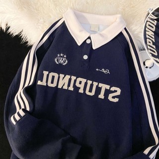 推薦~上身太酥服了！ polo領 大學t 長袖 oversize 大學t 設計款上衣 美式復古上衣 秋冬上衣 Y1206