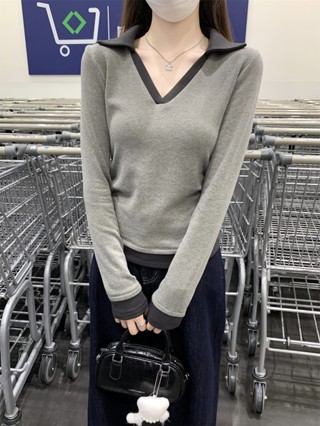 97482 polo領假兩件褶皺緊身磨毛長袖T恤