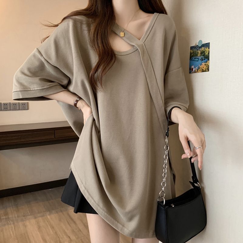 M-4XL 肉肉女上衣 短袖T恤女 遮屁股上衣 不規則上衣 中長款短袖T恤女 寬鬆上衣女 設計感落肩袖打底衫上衣女