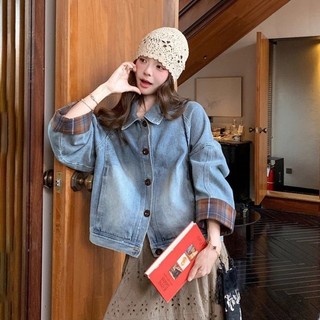 Blue Retro Lazy Style Pattern Stitching Denim Jacket For Wom