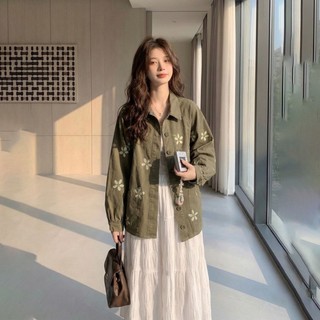 Retro Army Green Flower Print Denim Jacket Women Spring Loos
